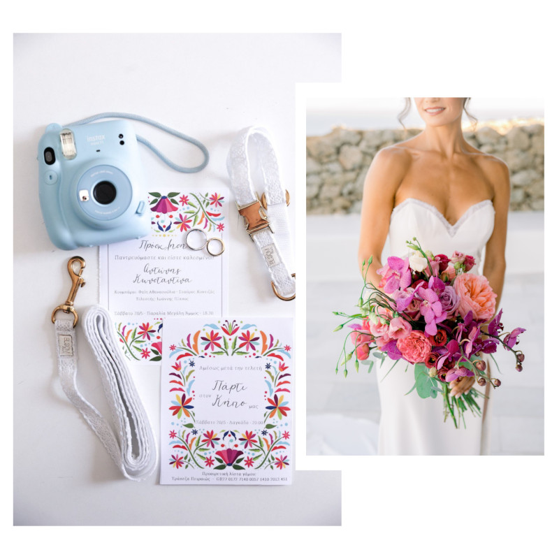A Mykonos wedding photo collage showing wedding stationery with an Instax polaroid mini camera with colorful wedding print-outs next to a bride holding a wedding bouquet